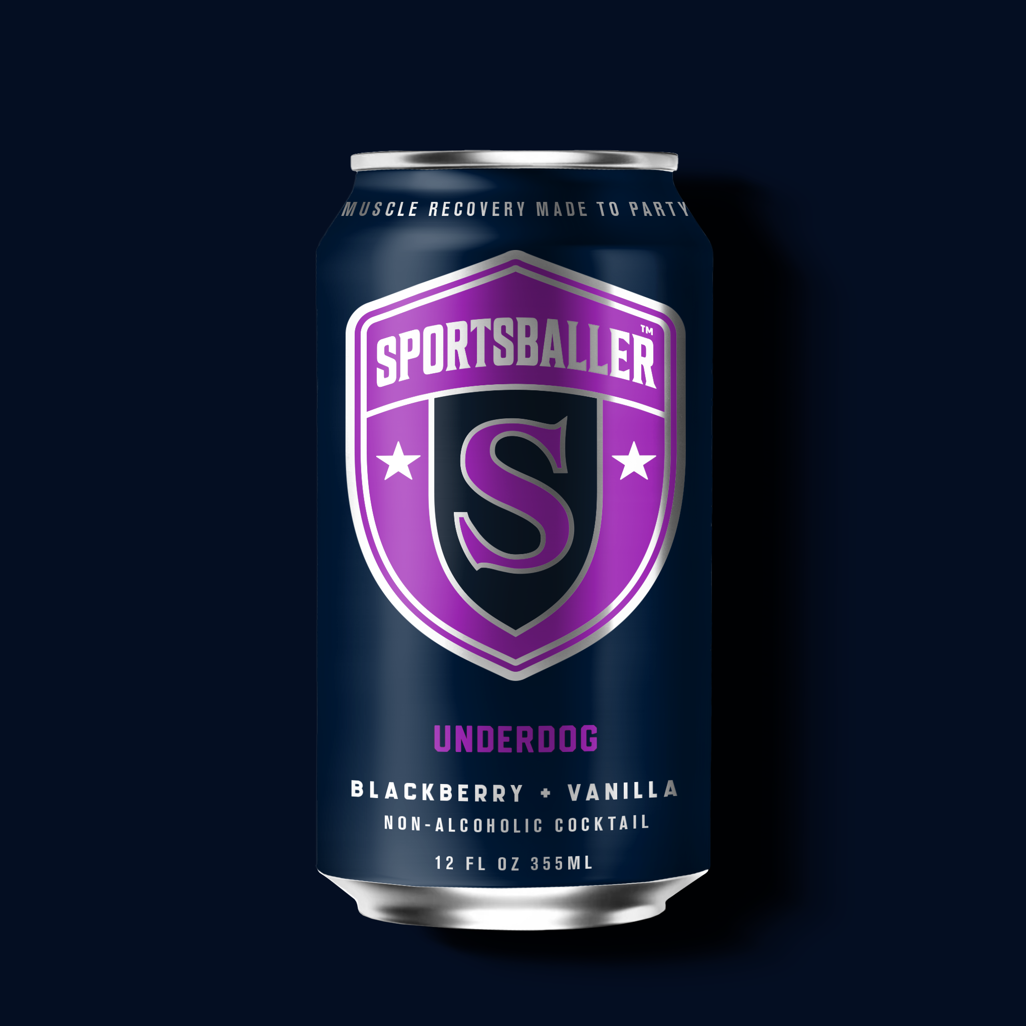 Sportsballer Underdog is a blackberry and vanilla flavored non-alcoholic cocktail seltzer with creatine, protein and functional wellness benefits for muscle recovery and mood.
