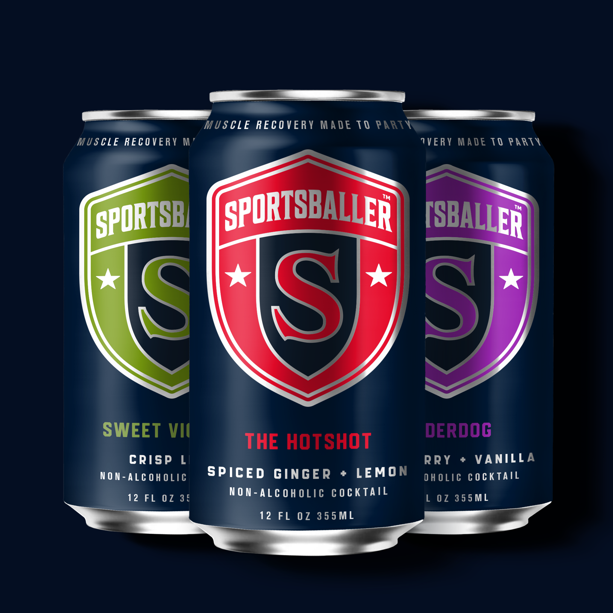 Sportsballer Full Squad is a variety pack of  three flavors of non-alcoholic cocktail delicious seltzers with creatine, protein and functional wellness benefits for muscle recovery and mood. 